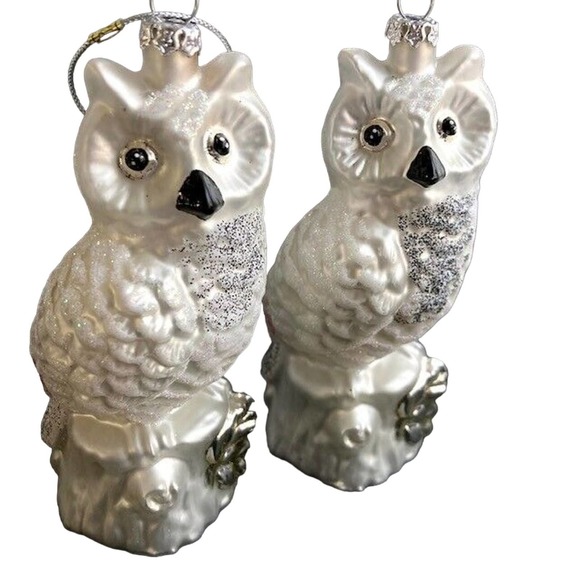 Pair of Vintage, Glass Snowy Owl Ornaments